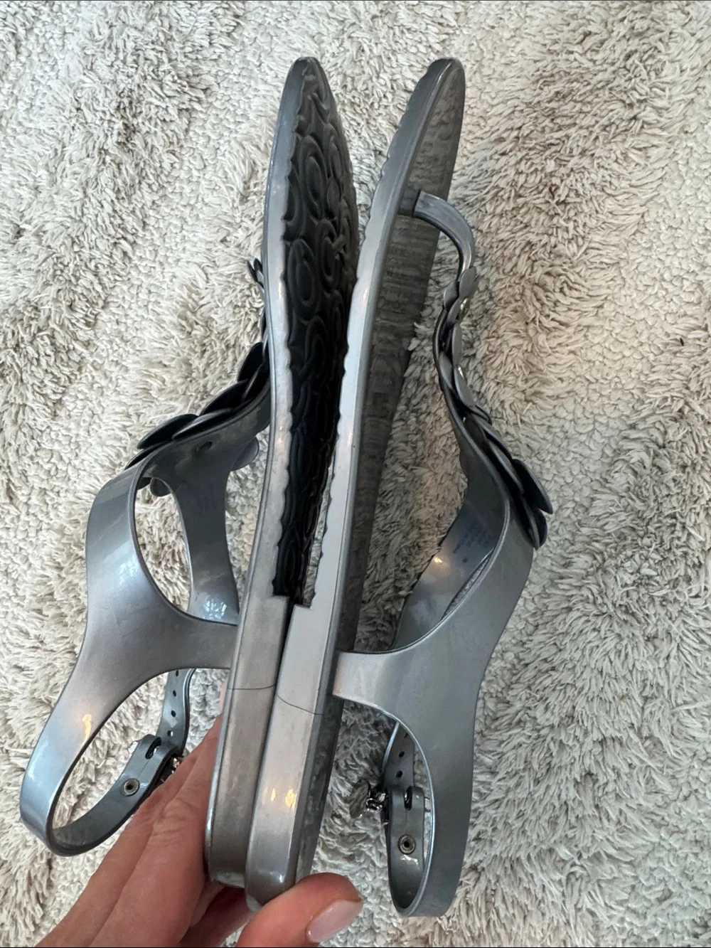 Coach Women's Silver Floral Jelly Sandals with Gold Accents size 10